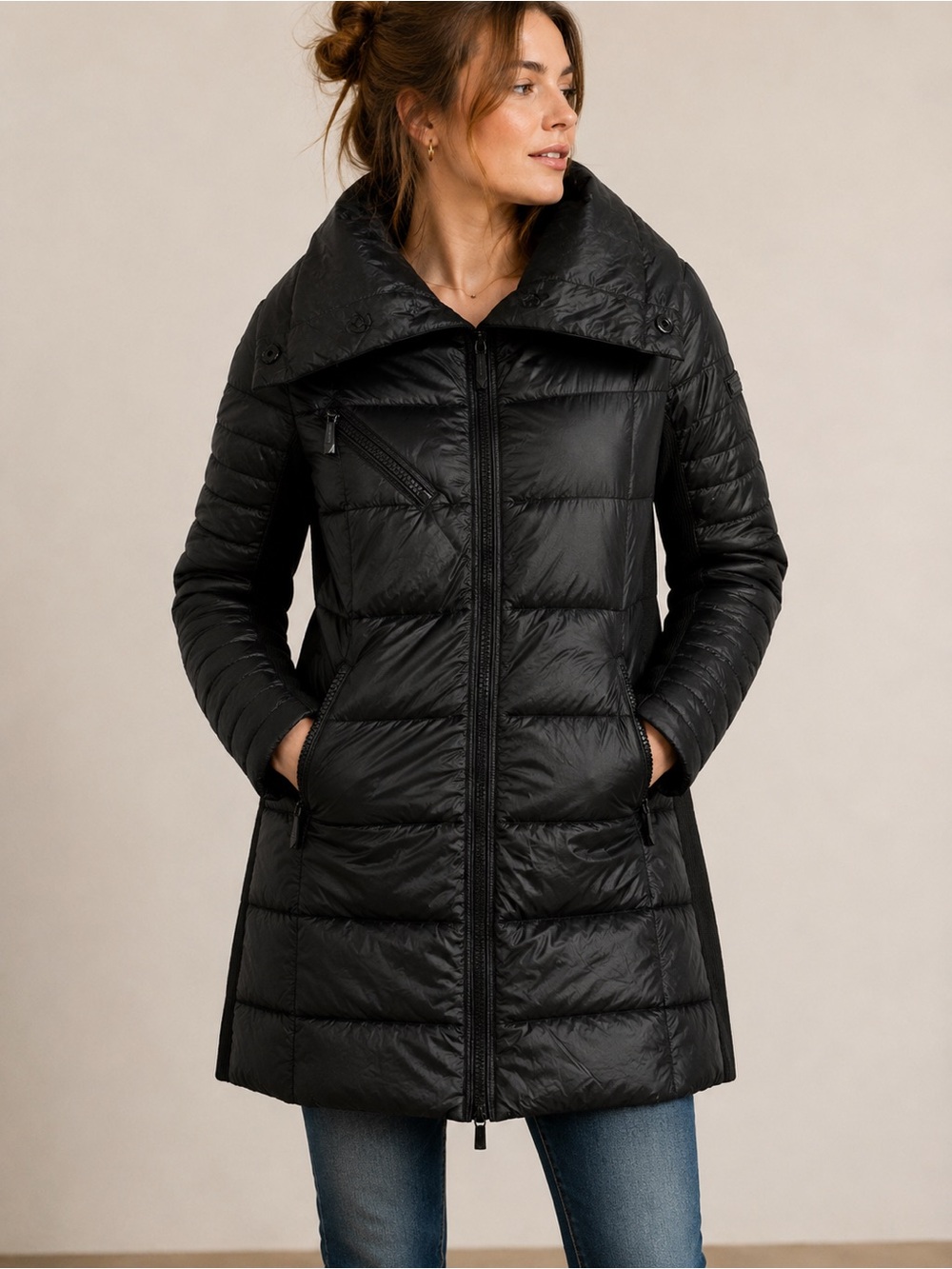 BCBGMAXAZRIA Women’s Black Long Puffer Coat Quilted Oversized Collar Size XS